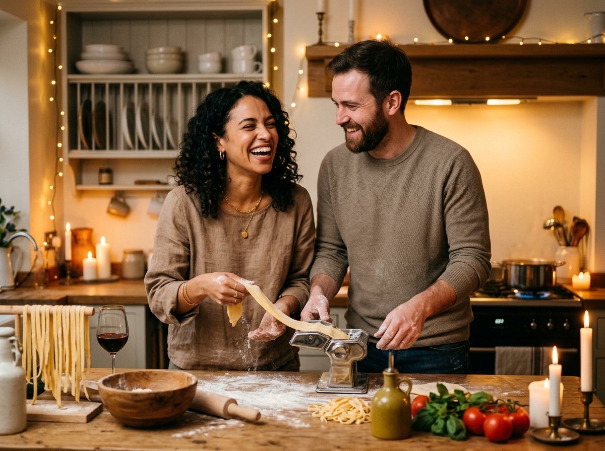 Casal cozinhando juntos em momento de afeto e cumplicidade